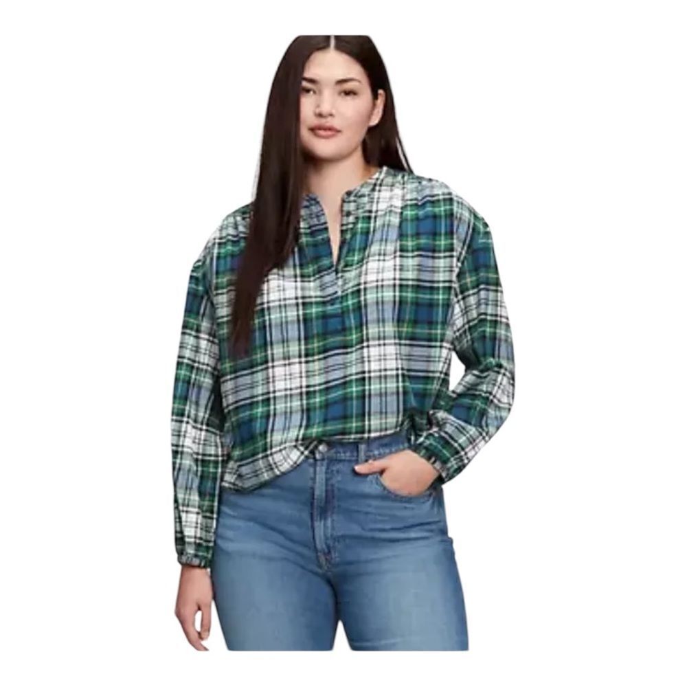 GAP Women's Shirred Henley Top Green Blue Plaid Flannel Plus Size XXL NWOT